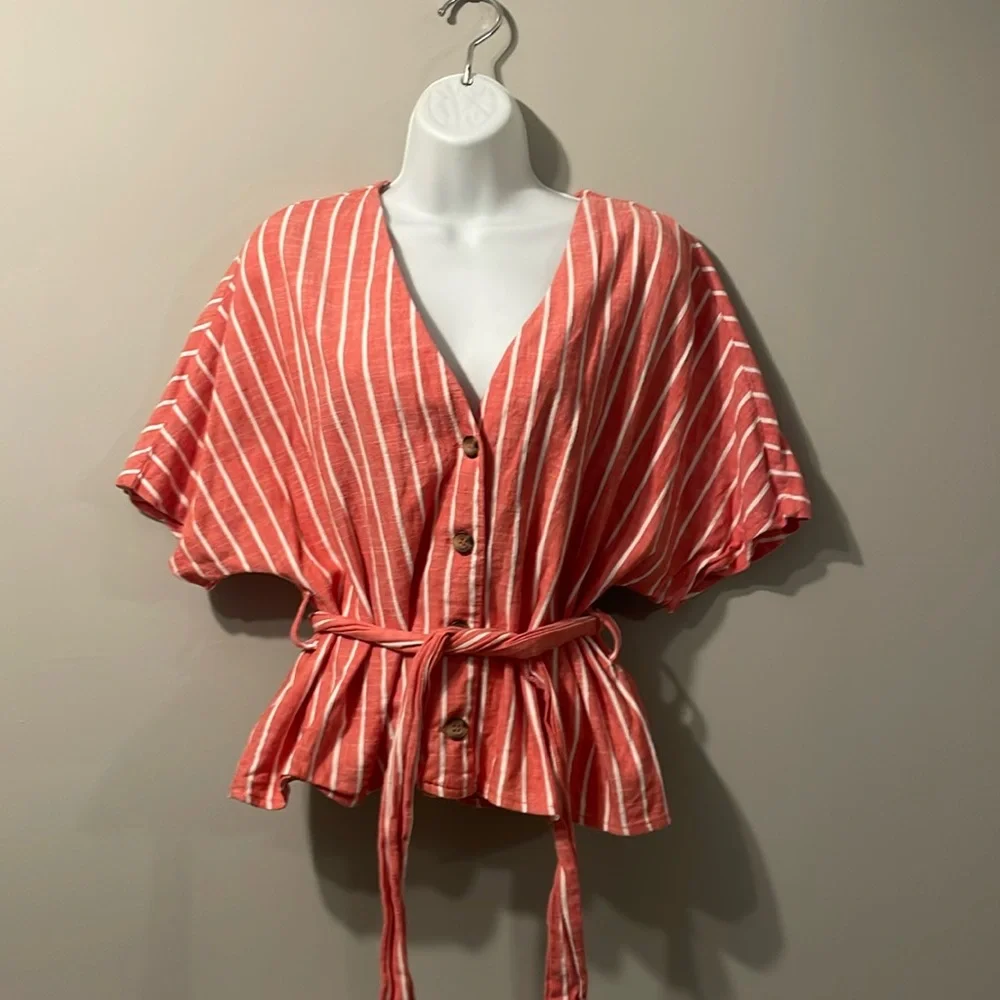 Top shop linen blend woman short sleeve top. - Picture 1 of 3